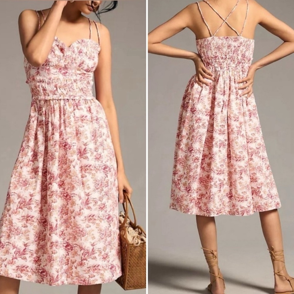 Anthropologie Corset Midi Dress Pink Floral Size L